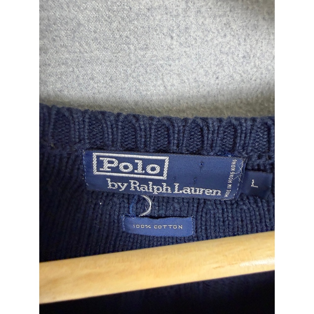 Polo Ralph Lauren Vintage Cricket Polo Sweater Navy Blue Cable Knit V-Neck Large - Picture 3 of 5